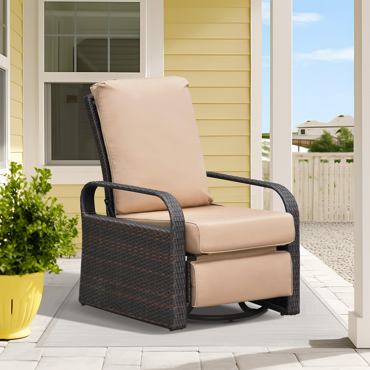 JP OUTDOOR Outdoor Patio Resin Wicker Swivel Rocker Recliner with All-Weather Waterproof, Kahki