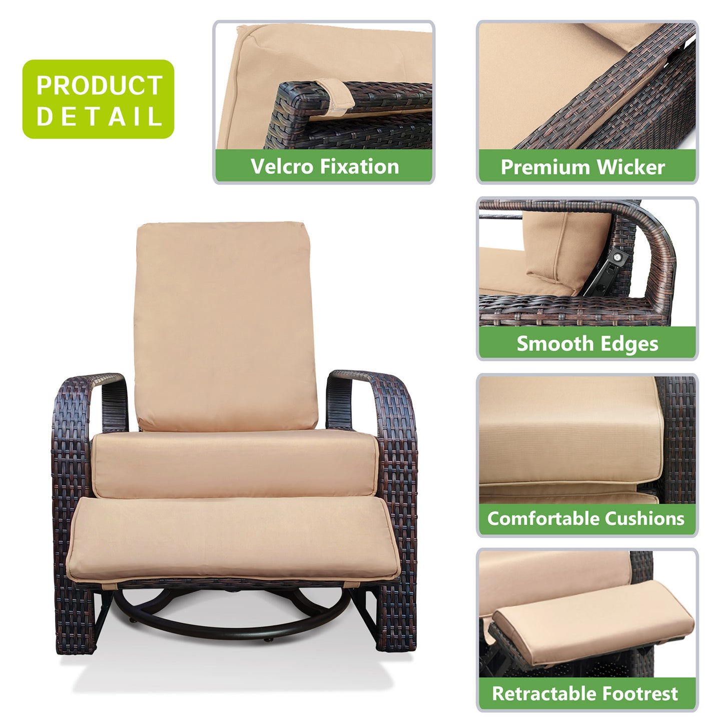 JP OUTDOOR Outdoor Patio Resin Wicker Swivel Rocker Recliner with All-Weather Waterproof, Kahki