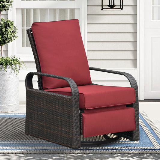 JP OUTDOOR Outdoor Wicker Swivel Recliner, All-Weather Swivel Rocker Recliner, Red