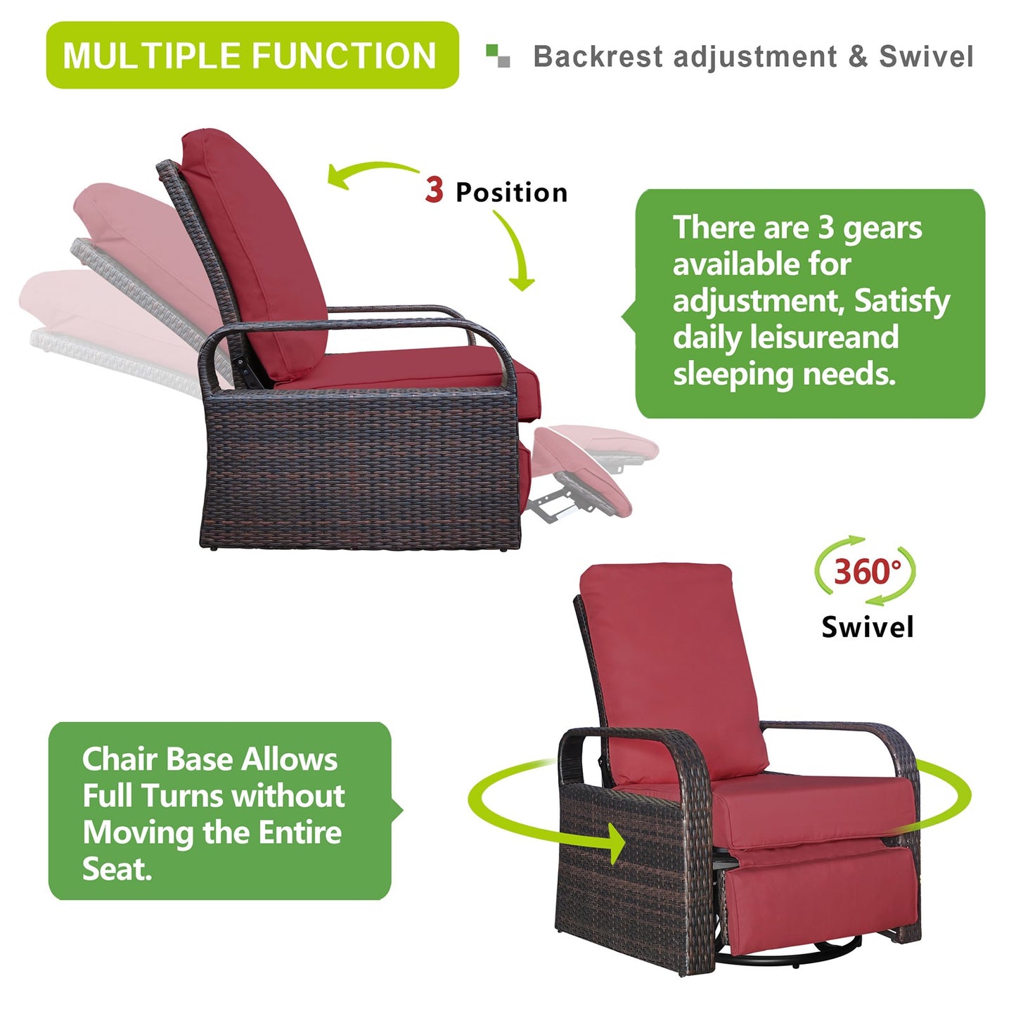 JP OUTDOOR Outdoor Wicker Swivel Recliner, All-Weather Swivel Rocker Recliner, Red