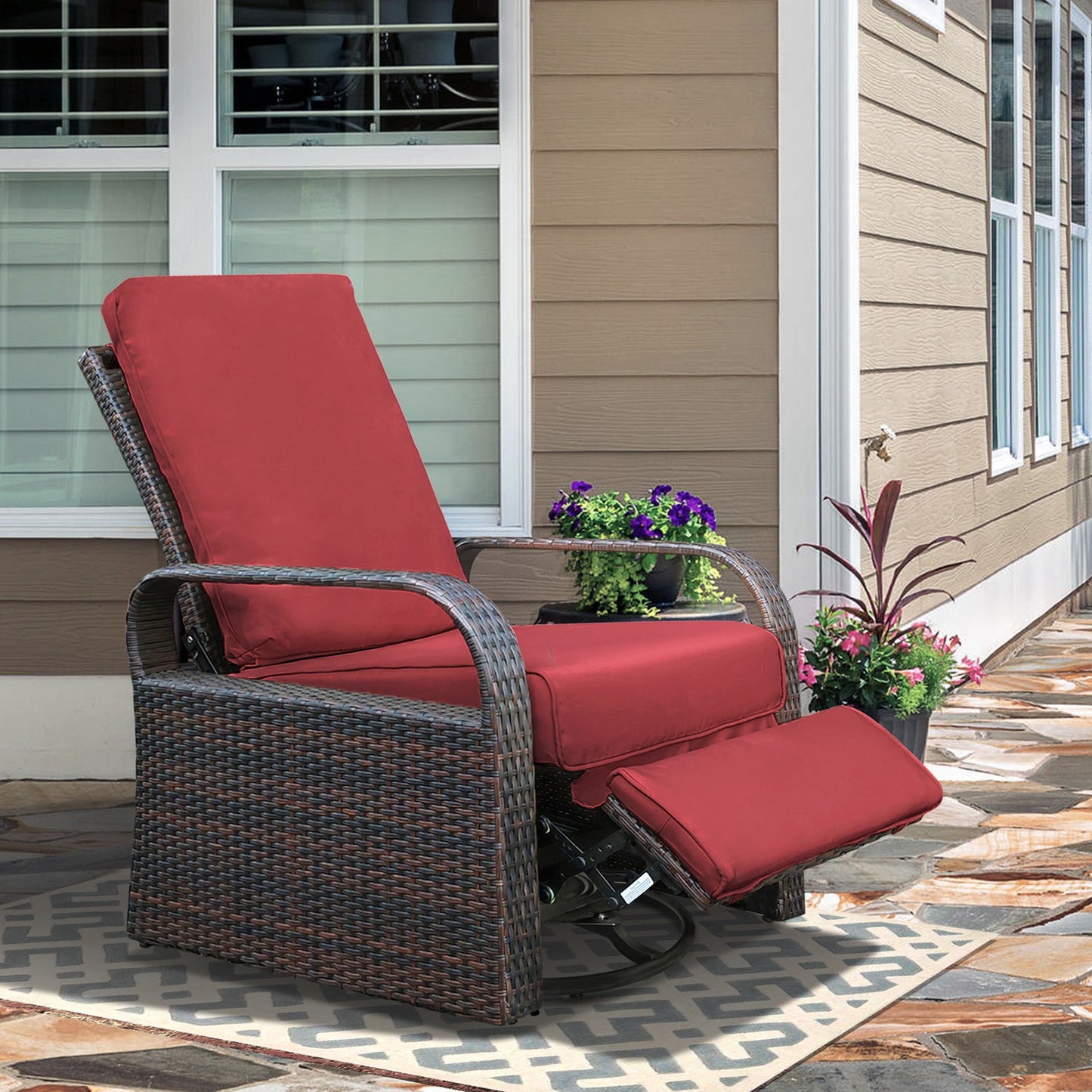 JP OUTDOOR Outdoor Wicker Swivel Recliner, All-Weather Swivel Rocker Recliner, Red