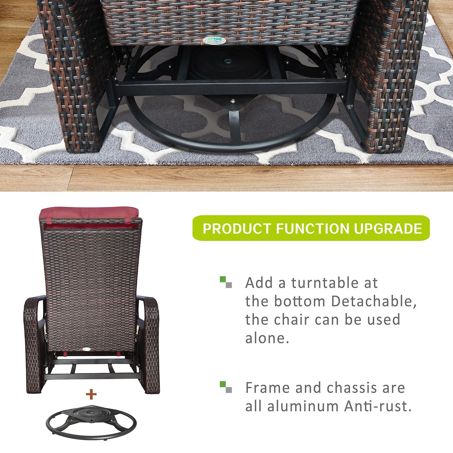 JP OUTDOOR Outdoor Wicker Swivel Recliner, All-Weather Swivel Rocker Recliner, Red