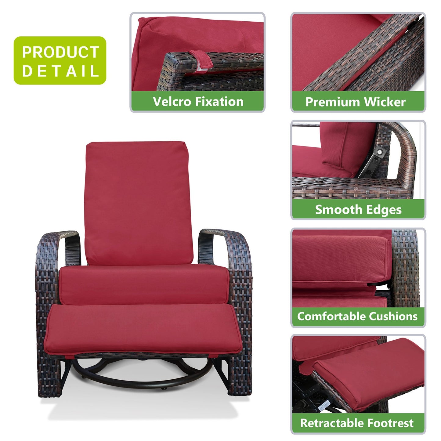 JP OUTDOOR Outdoor Wicker Swivel Recliner, All-Weather Swivel Rocker Recliner, Red