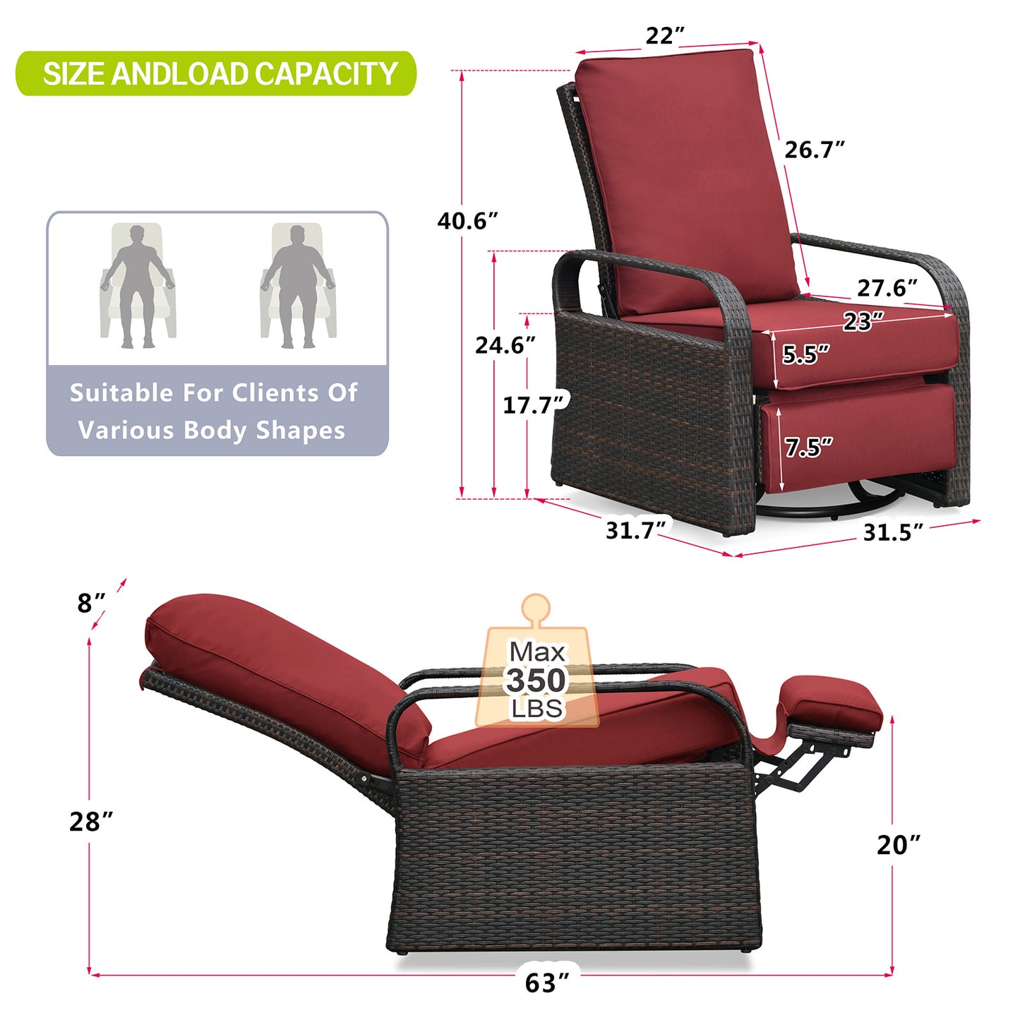 JP OUTDOOR Outdoor Wicker Swivel Recliner, All-Weather Swivel Rocker Recliner, Red