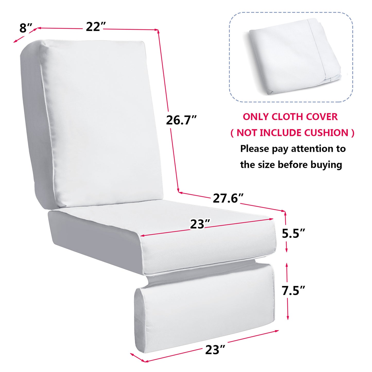 JP Outdoor Replacement Cushion for Indoor or Outdoor Adirondack or Rocking Chairs Cushion,Waterproof Chair Cushion,White