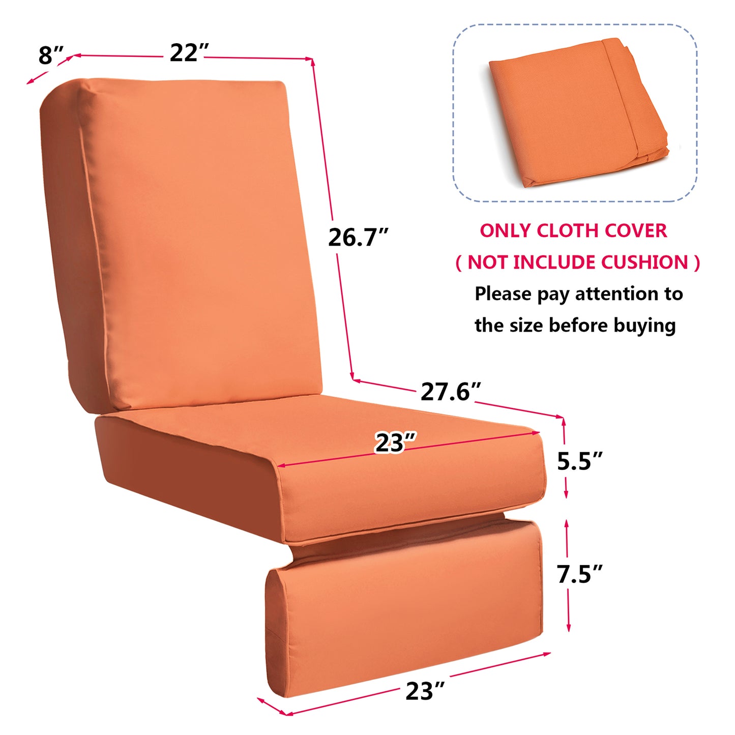 JP Outdoor Replacement Cushion for Indoor or Outdoor Recliner Chair,Good Firmness,Anti-fade & Water Repellent,Orange