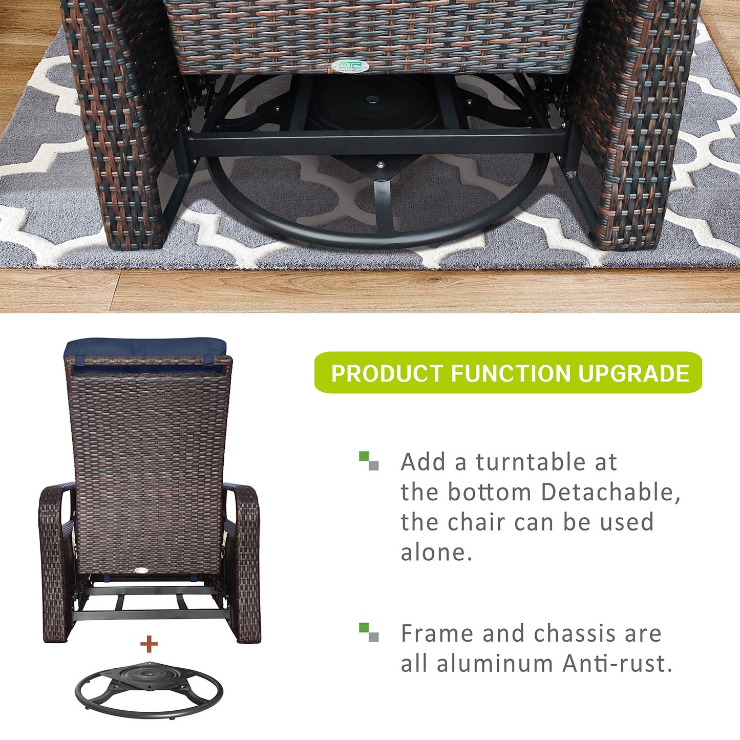 JP OUTDOOR All-Weather Resin Wicker Swivel Rocker Recliner Chair, for Garden Patio Outdoor, Navy Blue