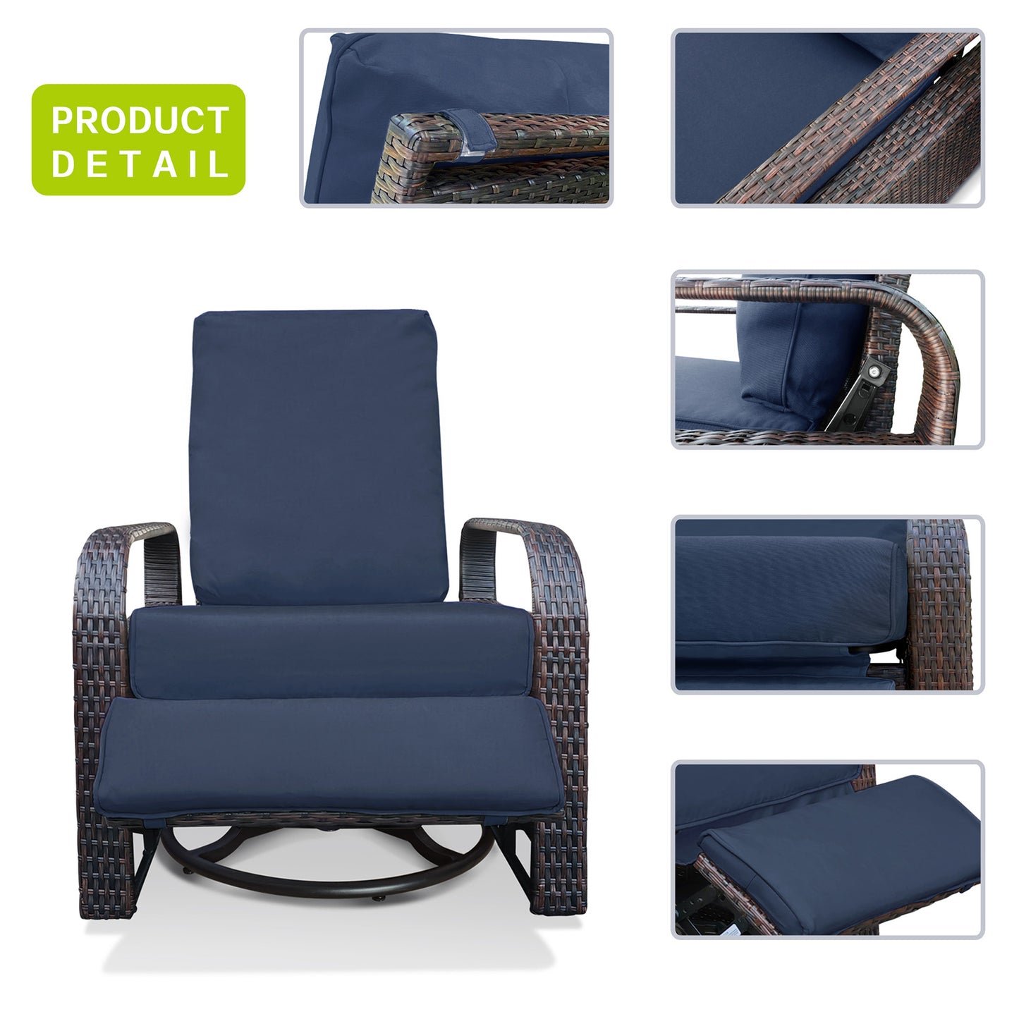 JP OUTDOOR All-Weather Resin Wicker Swivel Rocker Recliner Chair, for Garden Patio Outdoor, Navy Blue