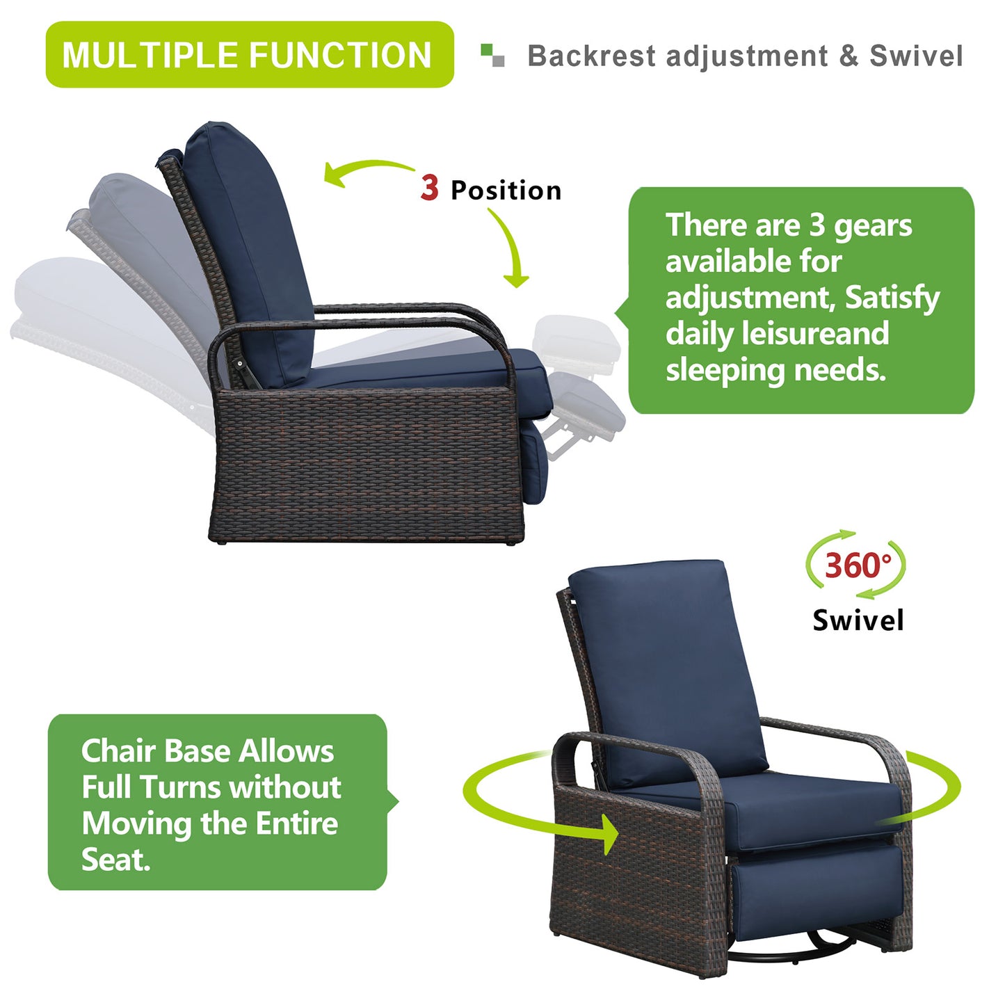 JP OUTDOOR All-Weather Resin Wicker Swivel Rocker Recliner Chair, for Garden Patio Outdoor, Navy Blue