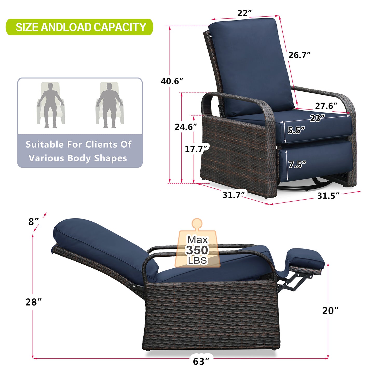 JP OUTDOOR All-Weather Resin Wicker Swivel Rocker Recliner Chair, for Garden Patio Outdoor, Navy Blue