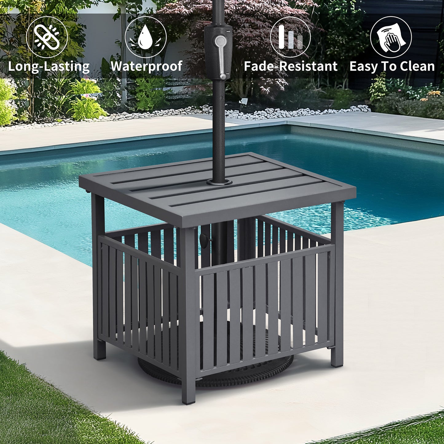 JP OUTDOOR Outdoor Steel Side Table with 1.7" Umbrella Hole for Deck,Pool,Garden,Black