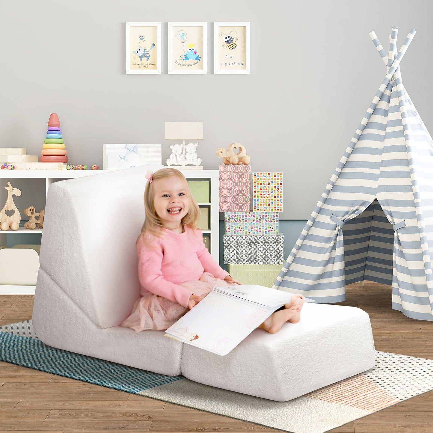 JP OUTDOOR Kids Lounger Teddy Velvet,Kids Foldable Chair Sofa,Beige