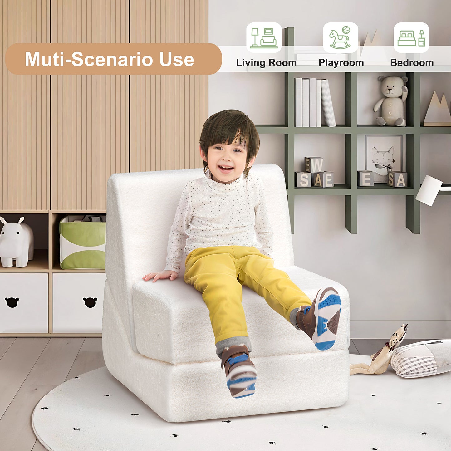 JP OUTDOOR Kids Lounger Teddy Velvet,Kids Foldable Chair Sofa,Beige