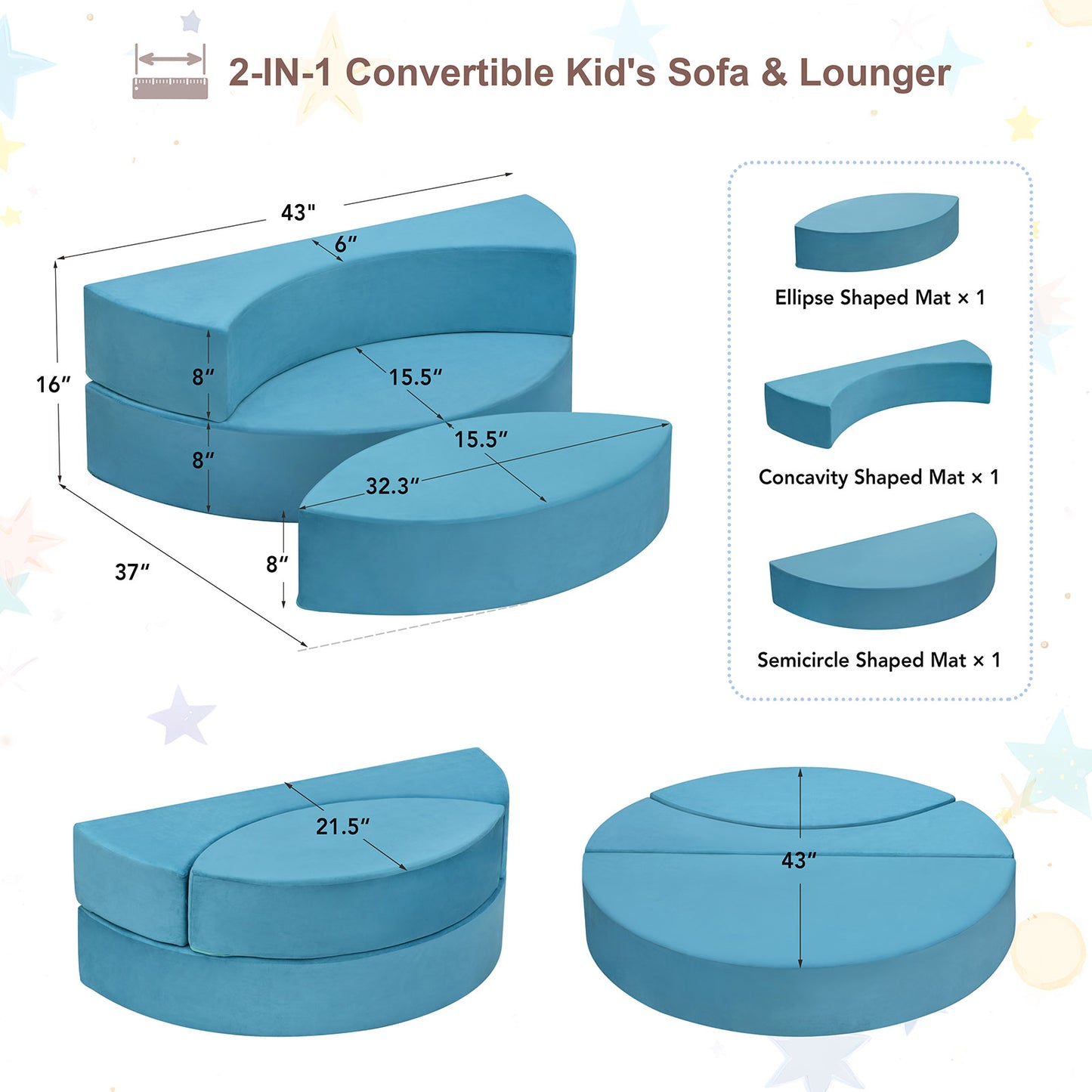 JP OUTDOOR Modular Kids Play Couch, Toddler Furniture Lounger Sofa ,Blue